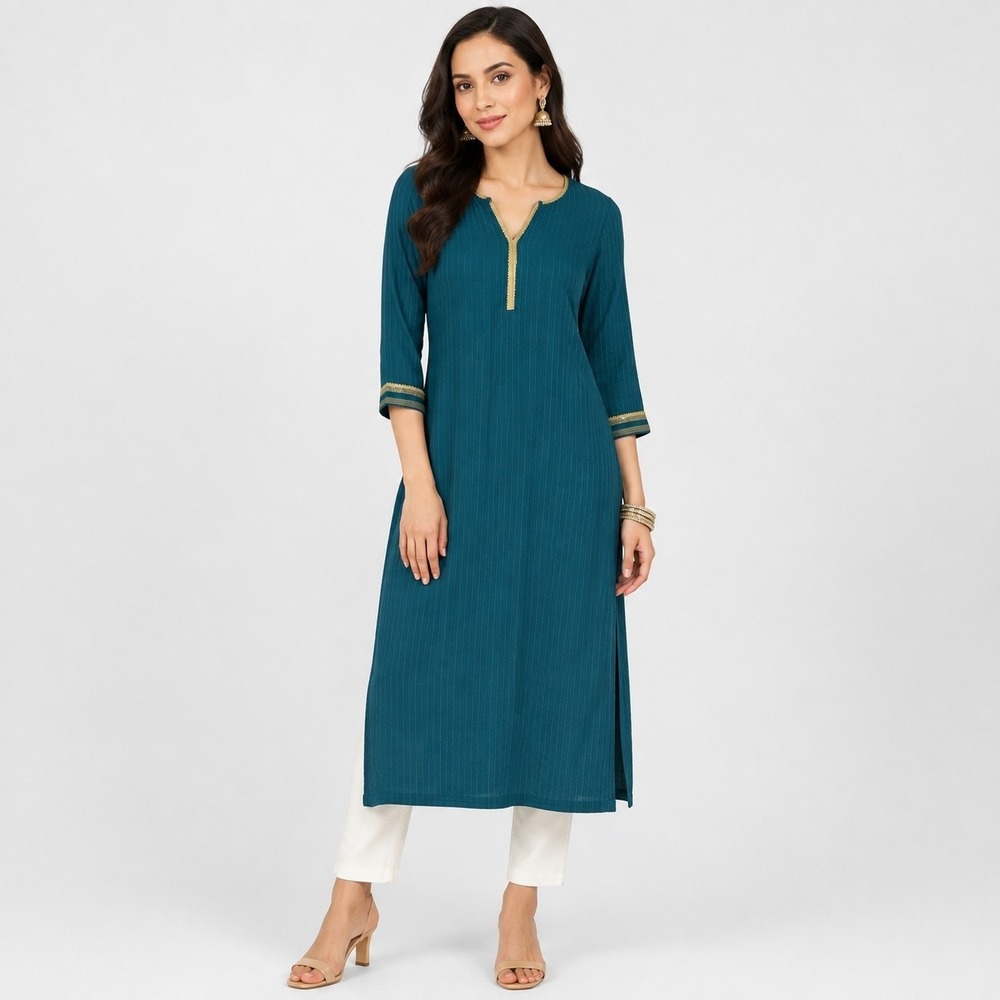 Fabindia Silk Blend Kurta Traditional Tunic Dress XS Teal Green Gold Embroidered